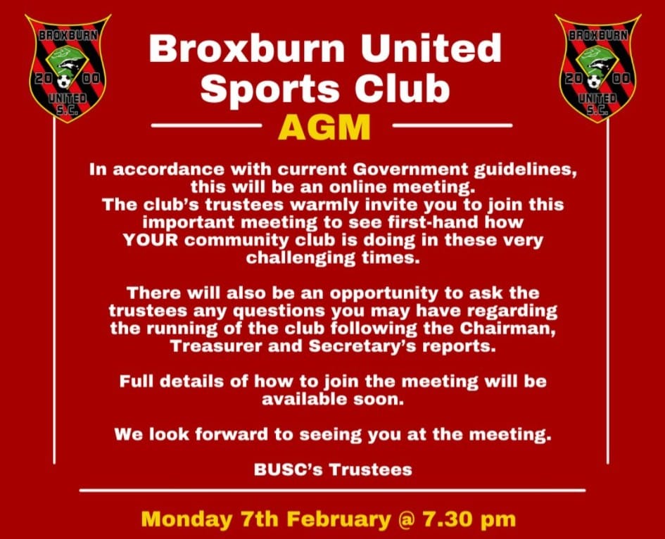 BUSC AGM MONDAY 7TH FEBRUARY 7-30PM