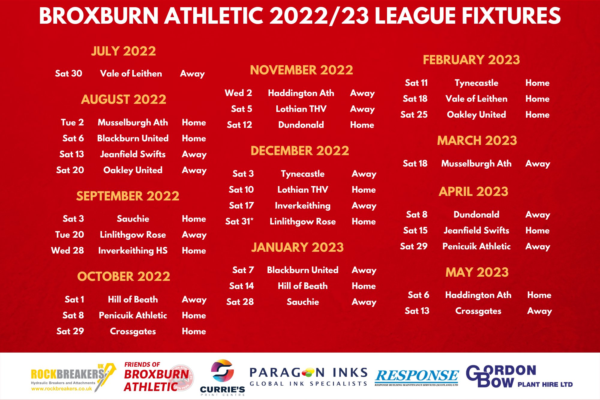 THE FIXTURE LIST FOR SEASON 2022/23